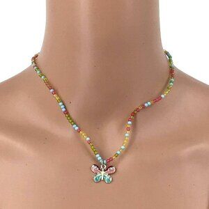 Claires Butterfly Necklace Colorful Green Blue Pink Beaded Rhinestone Inlay Adju